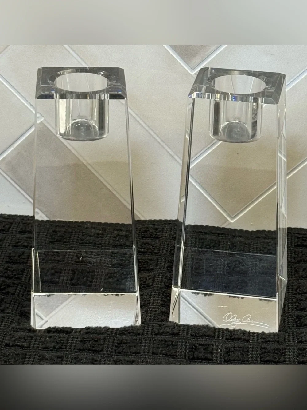 Oleg Cassini Signed Clear Crystal Candlestick Holders Pair 4